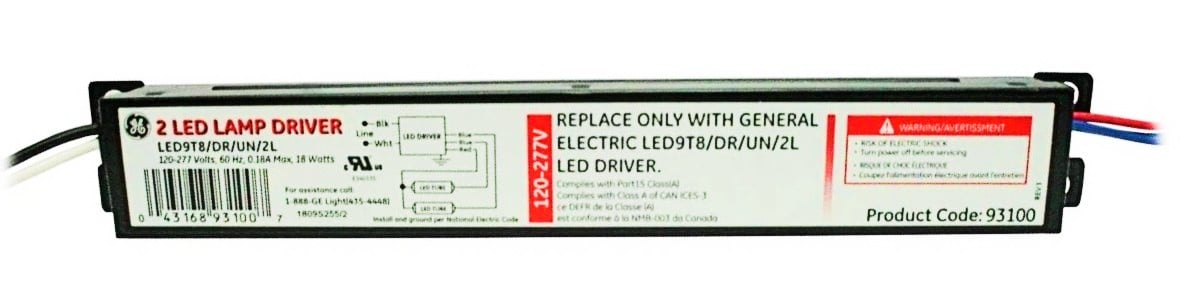GE 93100 - 2 LED Lamp Driver, 18 watt 120/277 volt Electronic Non-Dimmable  (LED9T8/DR/UN/2L)