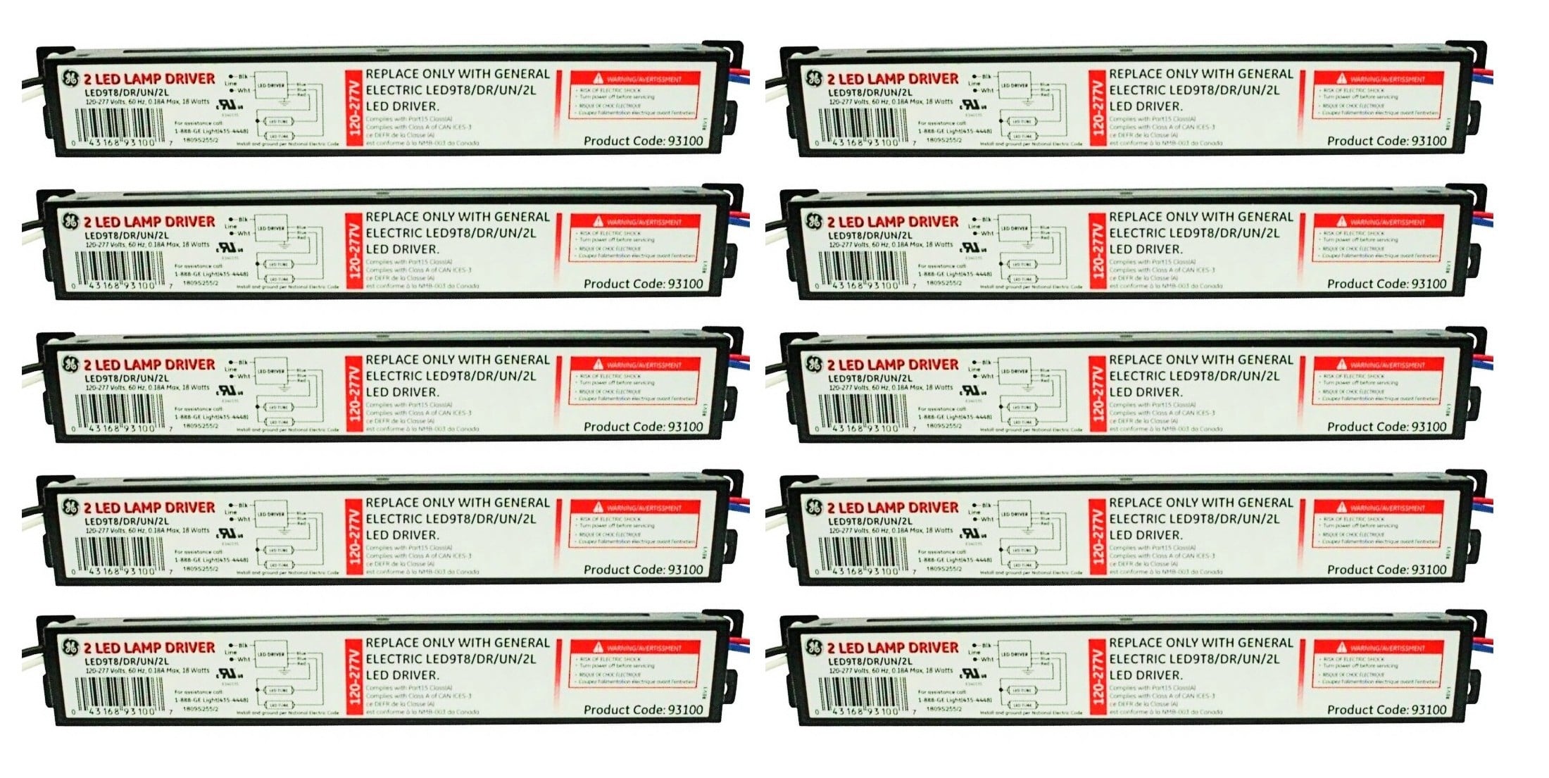 (case of 10) GE 93100 - 2 LED Lamp Driver, 18 watt 120/277 volt Electronic Non-Dimmable  (LED9T8/DR/UN/2L)