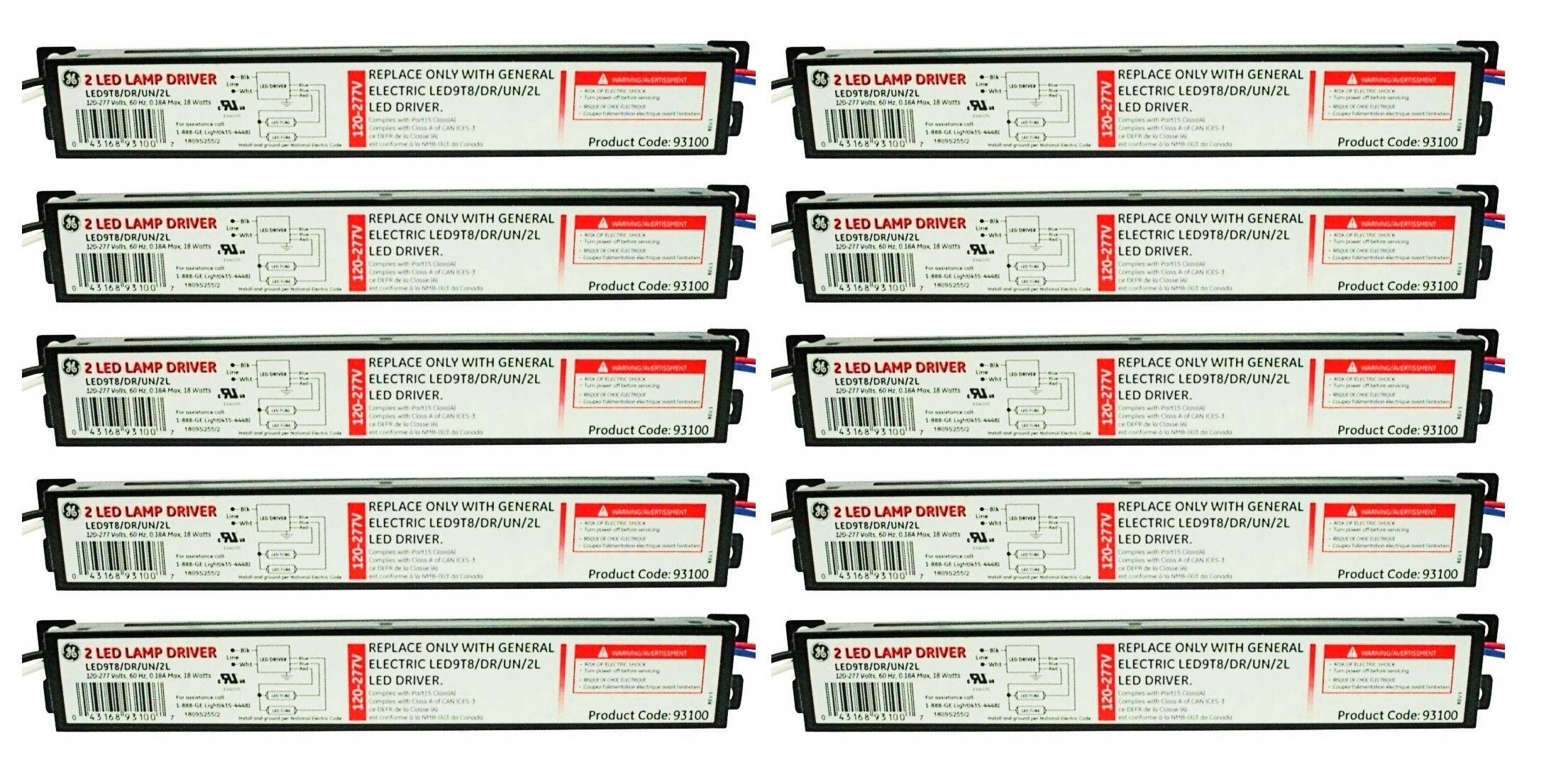 (case of 10) GE 93100 - 2 LED Lamp Driver, 18 watt 120/277 volt Electronic Non-Dimmable  (LED9T8/DR/UN/2L)