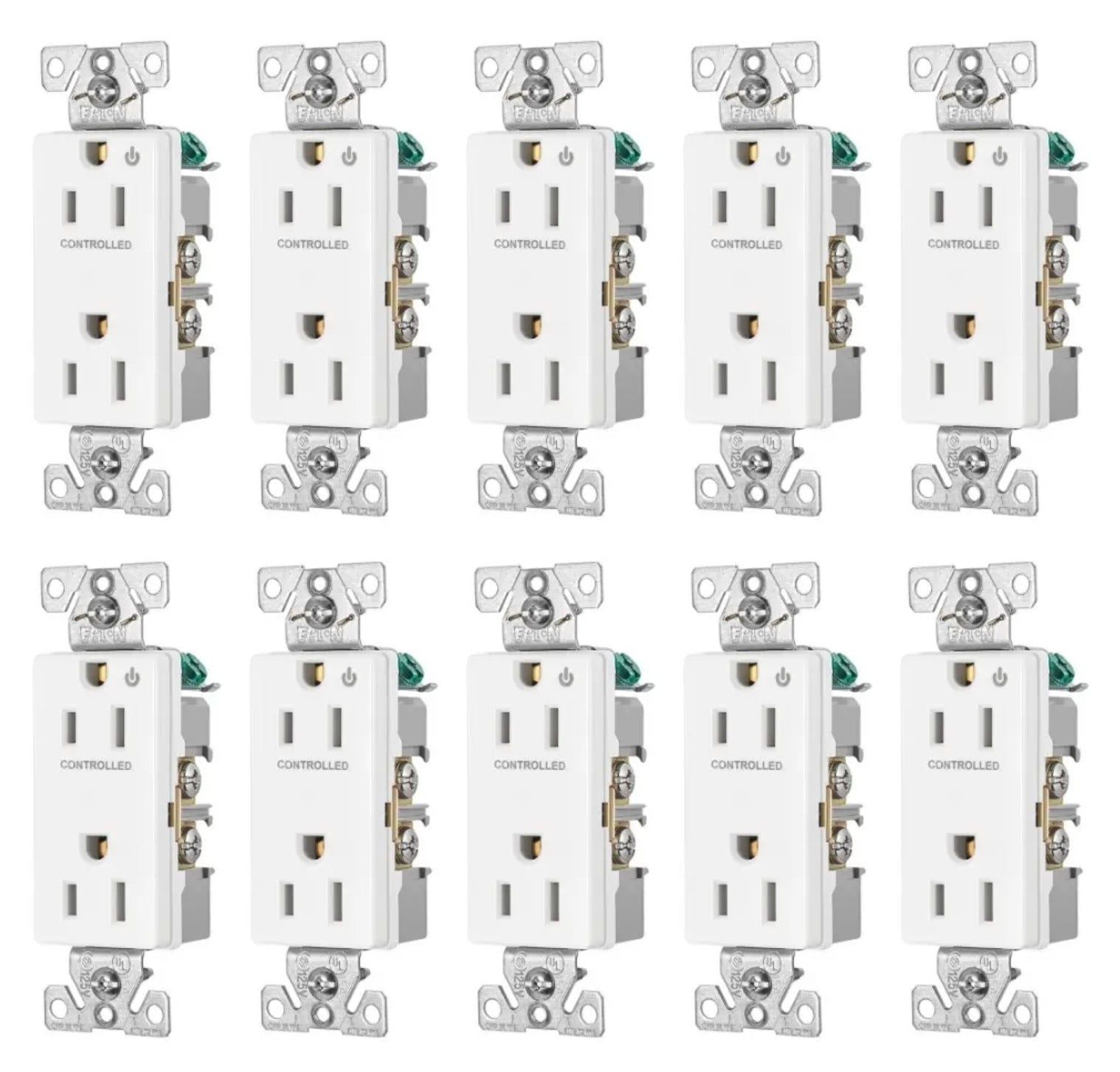 (case of 10) Eaton Construction Grade Half-Control Receptacle, 6252CHW, 2 pole, 3 wire grounding, 15A, 125V, White, Half controlled, commercial quality