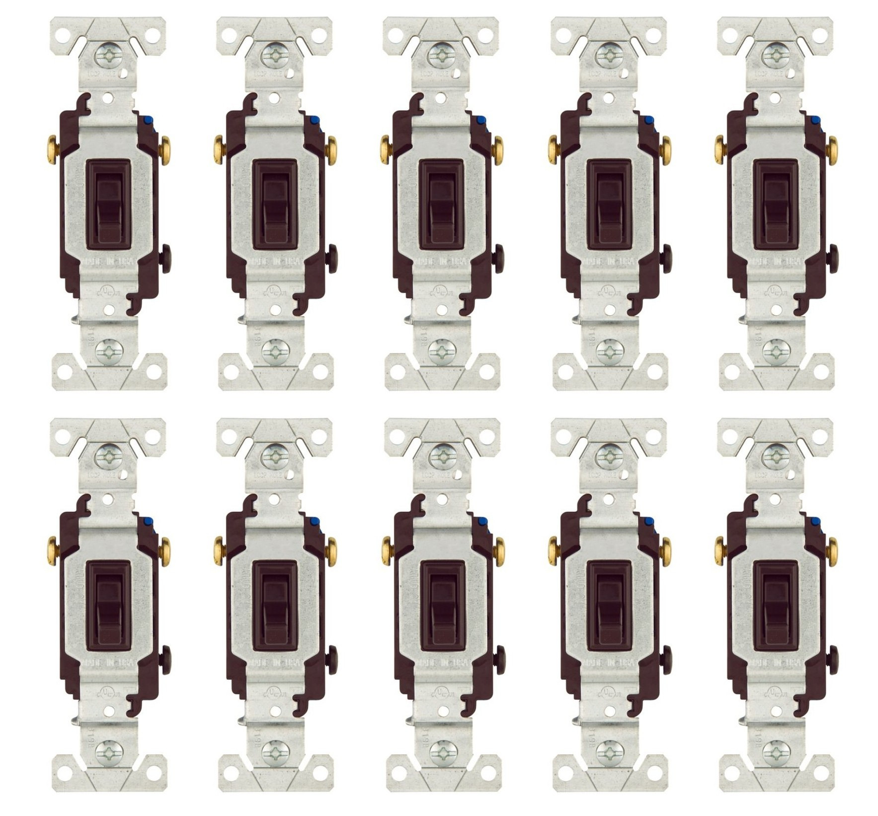 (case of 10) Eaton toggle switch, 15A, Wall, 120V, Back and side, push wire, Non-grounding, Brown, Three-Way, 1303B