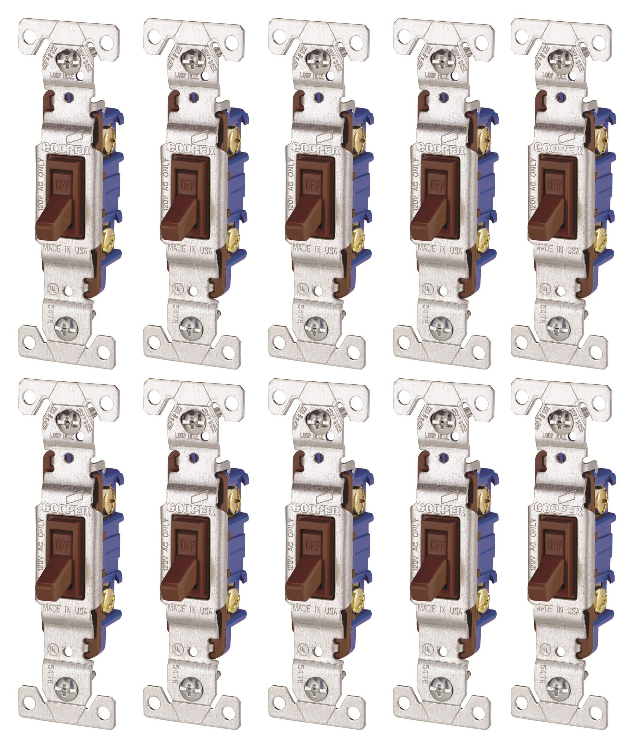 (case of 10) Eaton toggle switch 1301B, #14-10 AWG, 15A, Brown, Single-Pole, Polycarbonate 