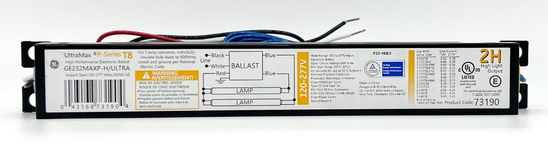 GE Lighting 73190 GE232MAXP-H/Ultra  High Performance UltraMax Electronic Fluorescent T8 Multi-Volt Instant Start Ballast, 120/277-Volt,  2 or 1 F32T8 Lamps