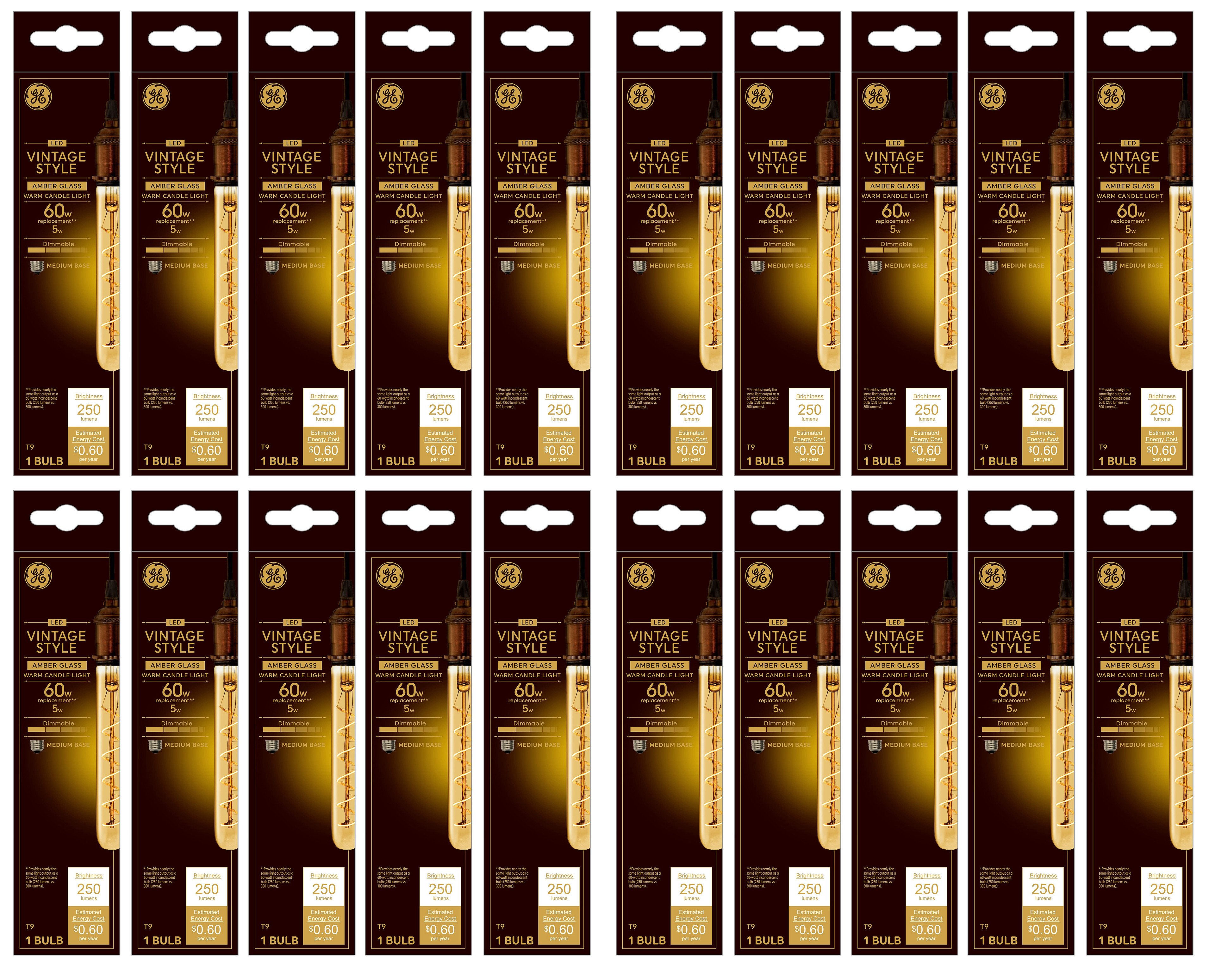 (case of 20)  GE Lighting Vintage Style LED Tube Light Bulb, 5 Watts (60 Watt Equivalent) Warm Candle Light, Amber Glass, Medium Base, Dimmable, spiral filament 