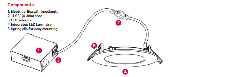 Lightolier FD6R LED flat downlight components including electrical junction box, CCT selector, LED luminaire, cord and spring clips.