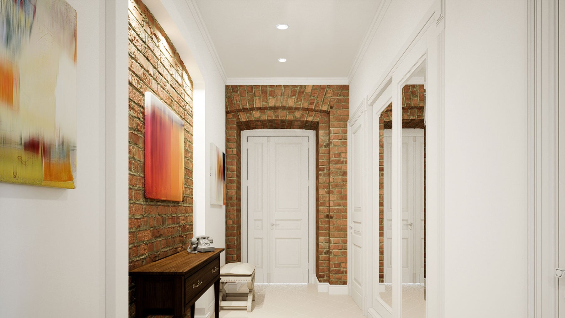 Lightolier FD6R 6-inch LED flat downlights installed in a residential hallway for clean, low-profile recessed ceiling lighting.