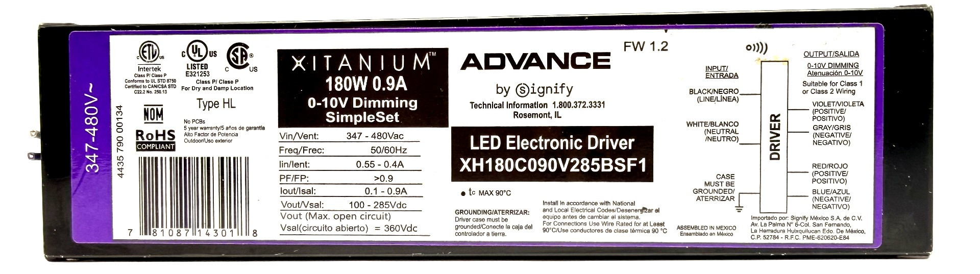 Philips Xitanium Advance LED Electronic Driver XH180C090V285BSF1, 347-480V Input Voltage, 180 watt ouput