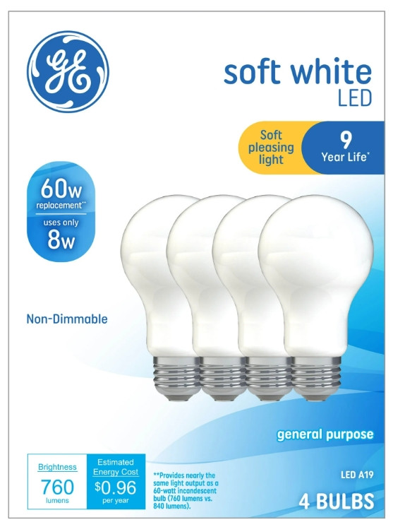 GE 8 WATTS LED A19 NON-DIMMABLE SOFT WHITE GENERAL PURPOSE 4-PACK