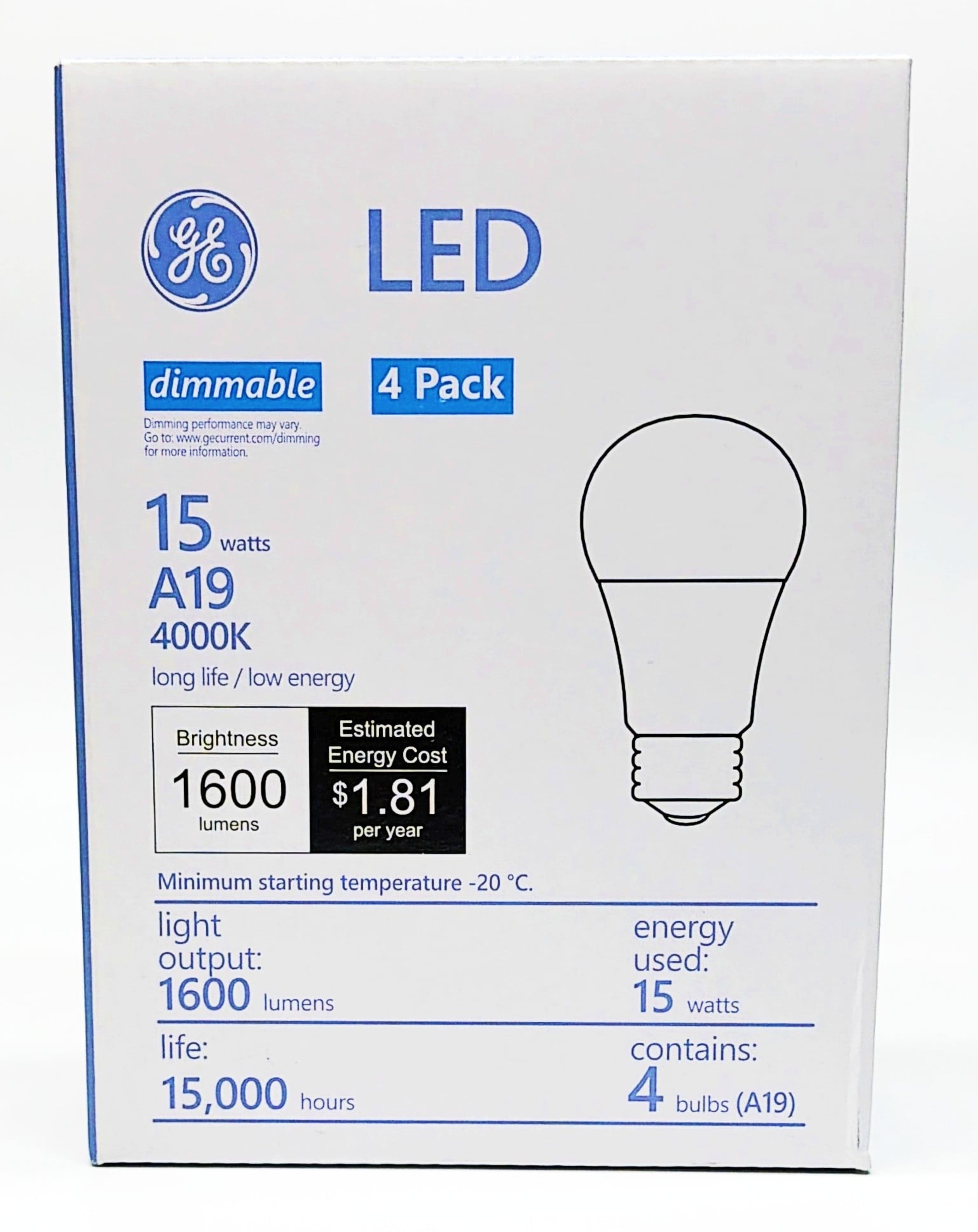 (4 bulbs) GE A19 Dimmable LED Light Bulb, 4000K Cool White, 1600 Lumen, 15 watt
