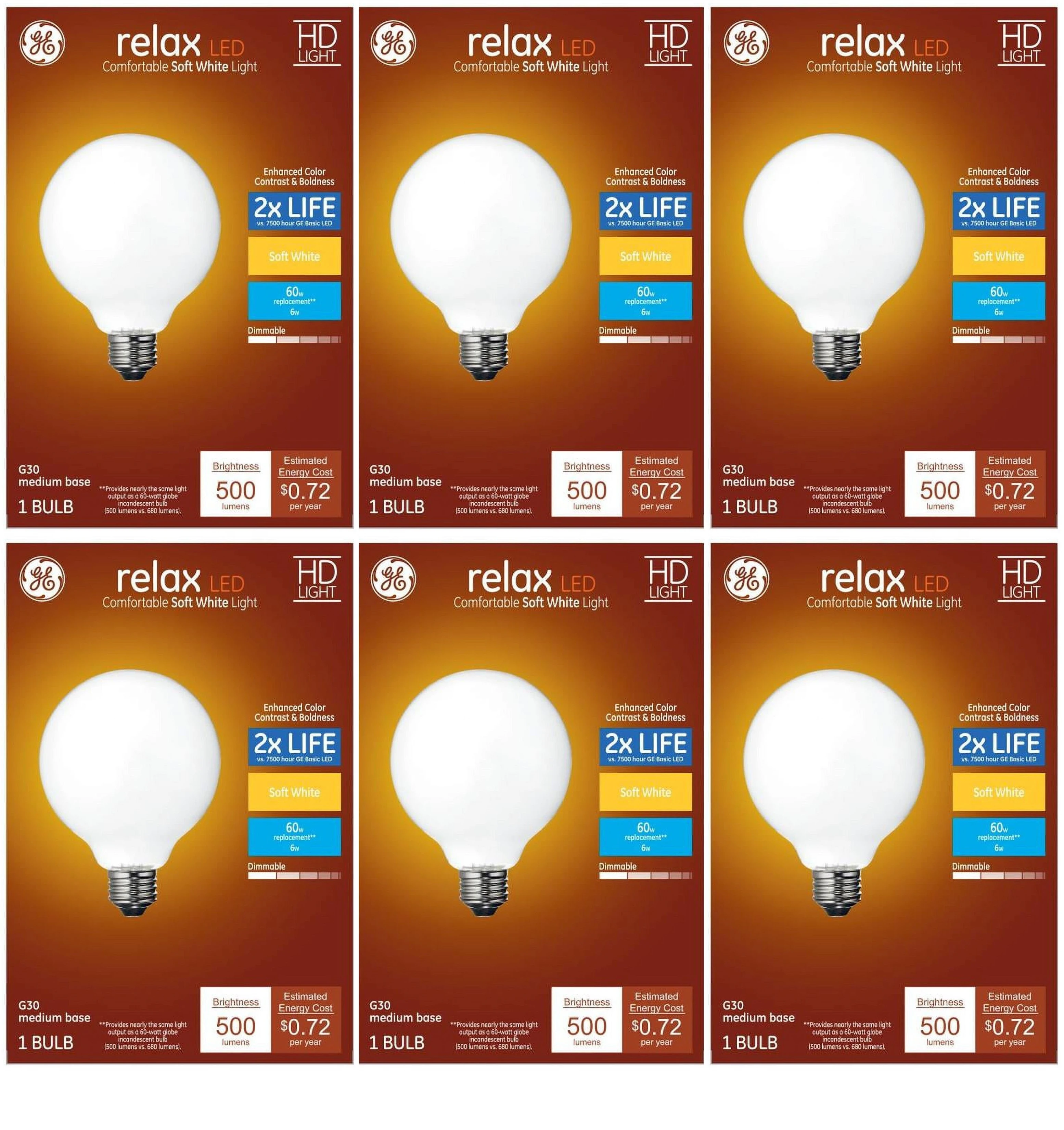 GE 41835 Relax LED G30 Vanity Globe, frosted, Soft White 2700K, 6 watt, 500 lumen, Dimmable Decorative Globe Light Bulb, 60 watt replacement (case of 6 bulbs)