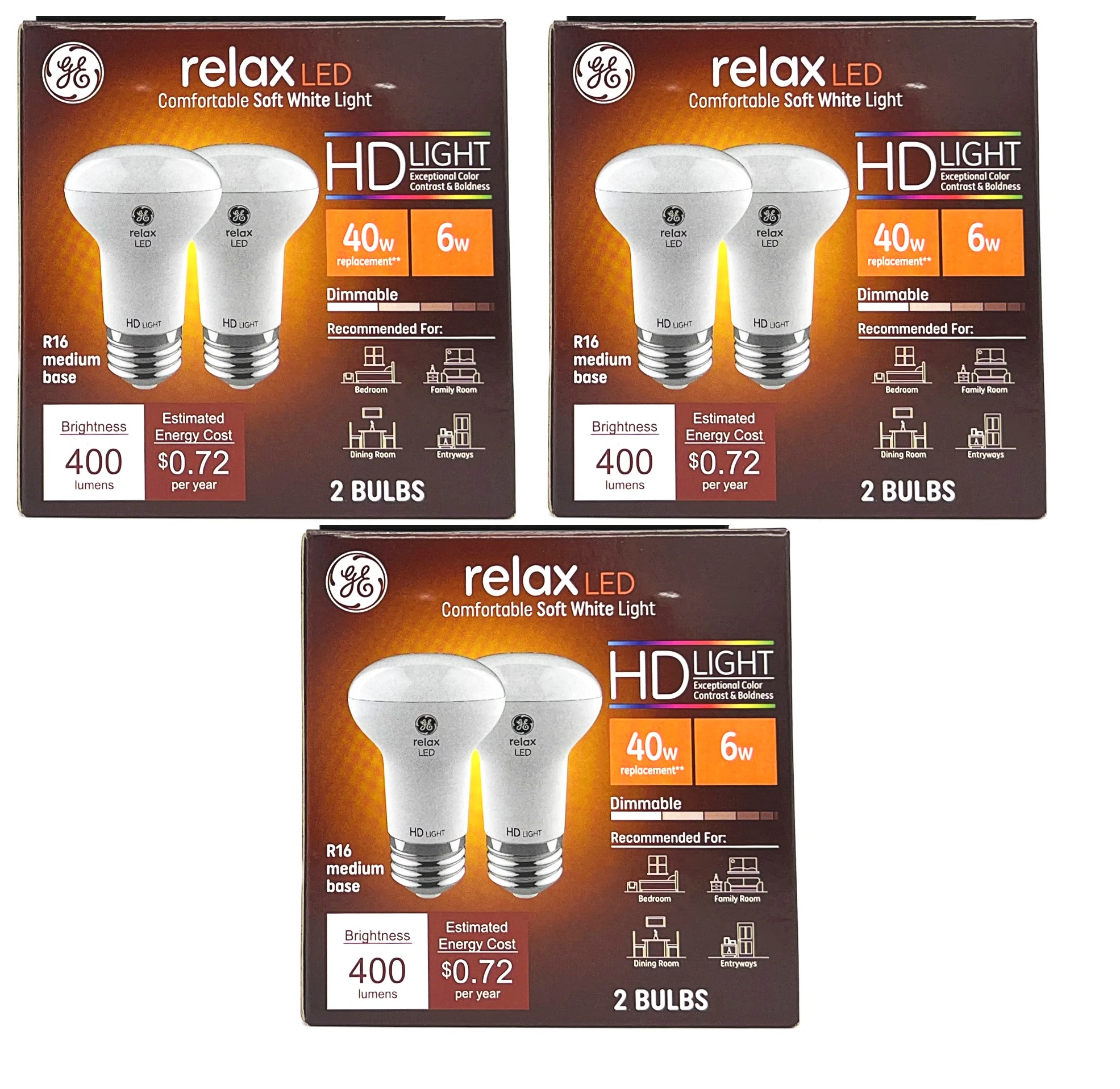 GE relax LED R16, 6 watt, 400 lumens, Dimmable, soft white, 2700K HD (6 bulbs) 
