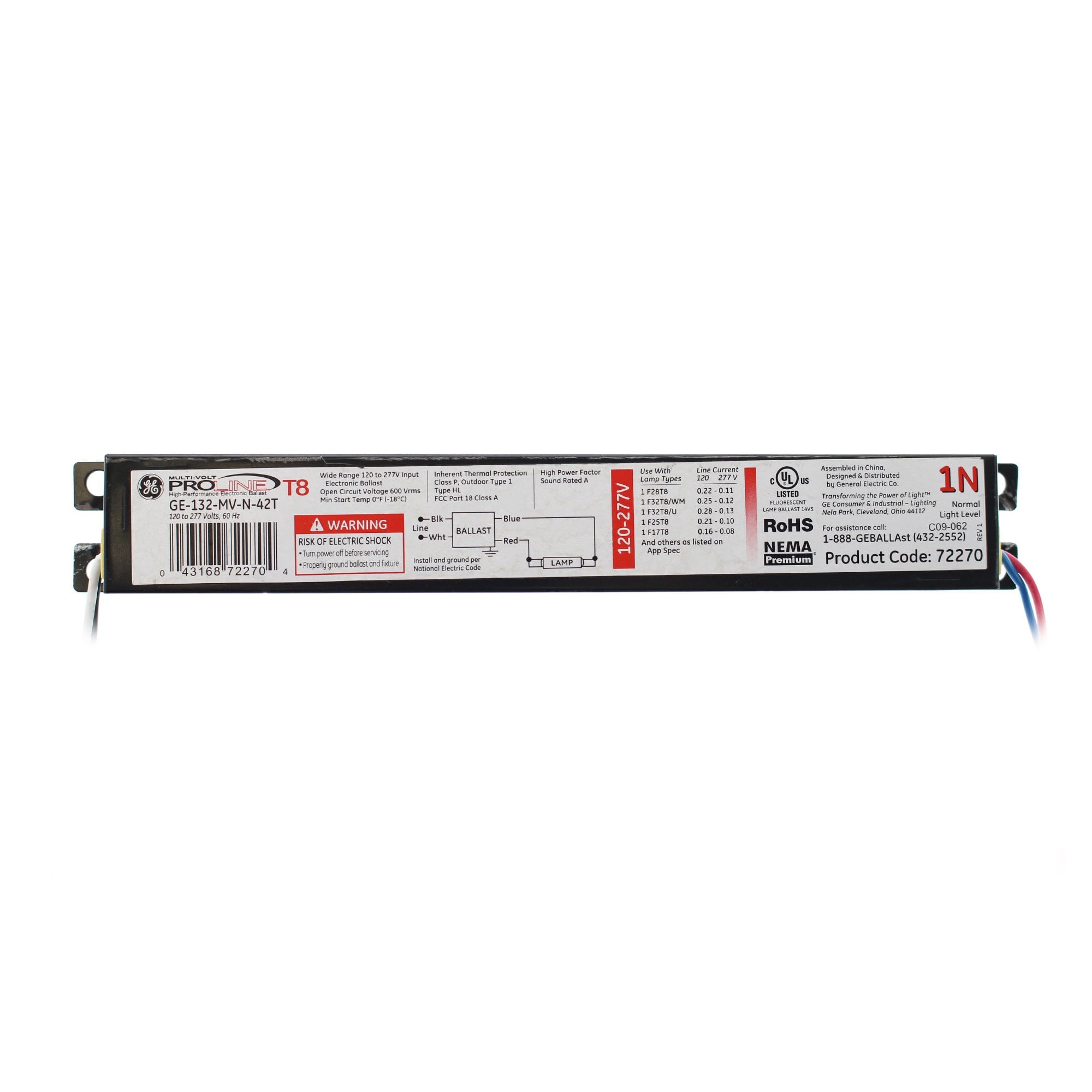 GE GE-132-MV-N-42T 72270 Electronic Ballast, 1-Lamp, F32T8U, 32W T8U, 120/277V