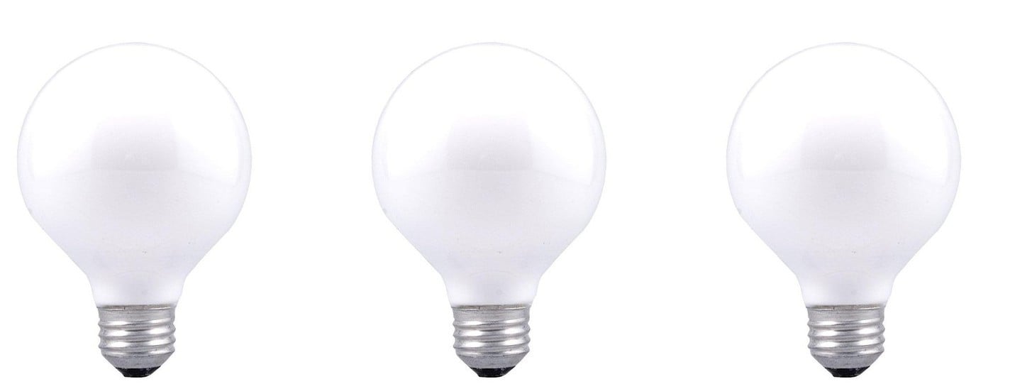(3 bulbs) Sylvania Double Life 25W Globe Light Bulbs, White, frosted, G25, 3000K 