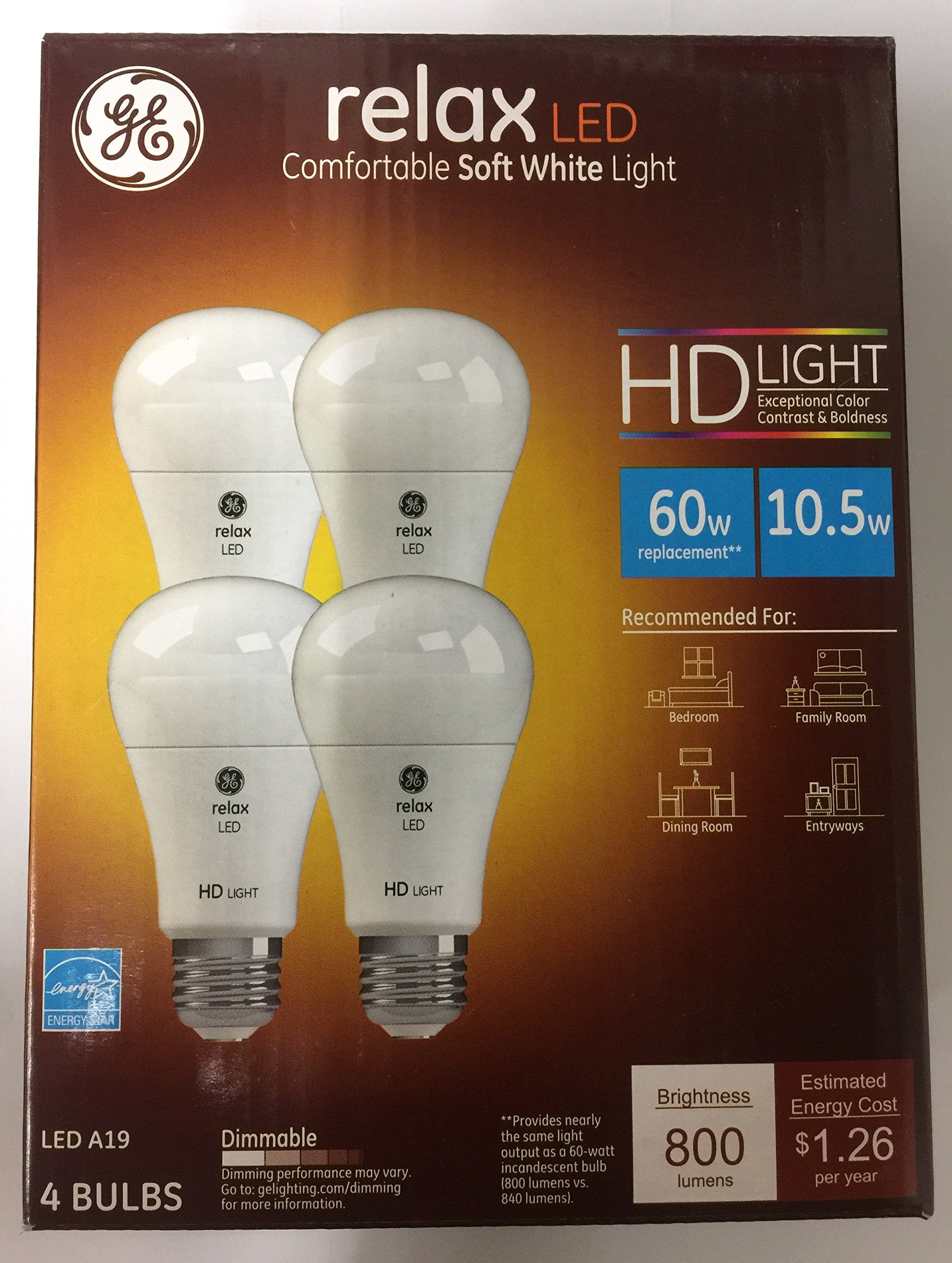 (4 bulbs) GE Relax LED Light Bulb, 10 watt (60W equivalent) Soft White 800 lumens Dimmable HD A19  