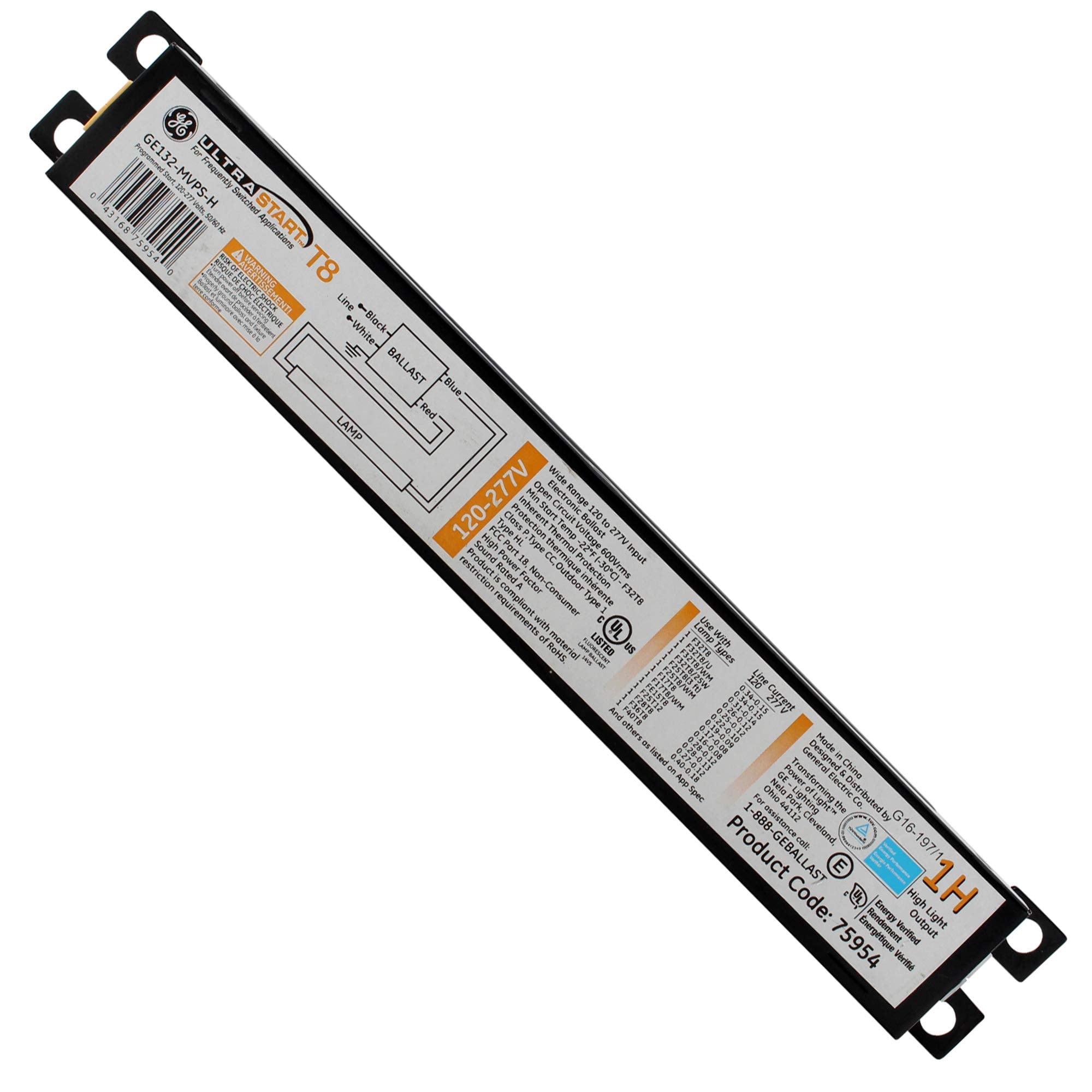 GE GE132-MVPS-H Fluorescent Ballast, 1-Lamp, 28W, T5 F28T5, 120-277V