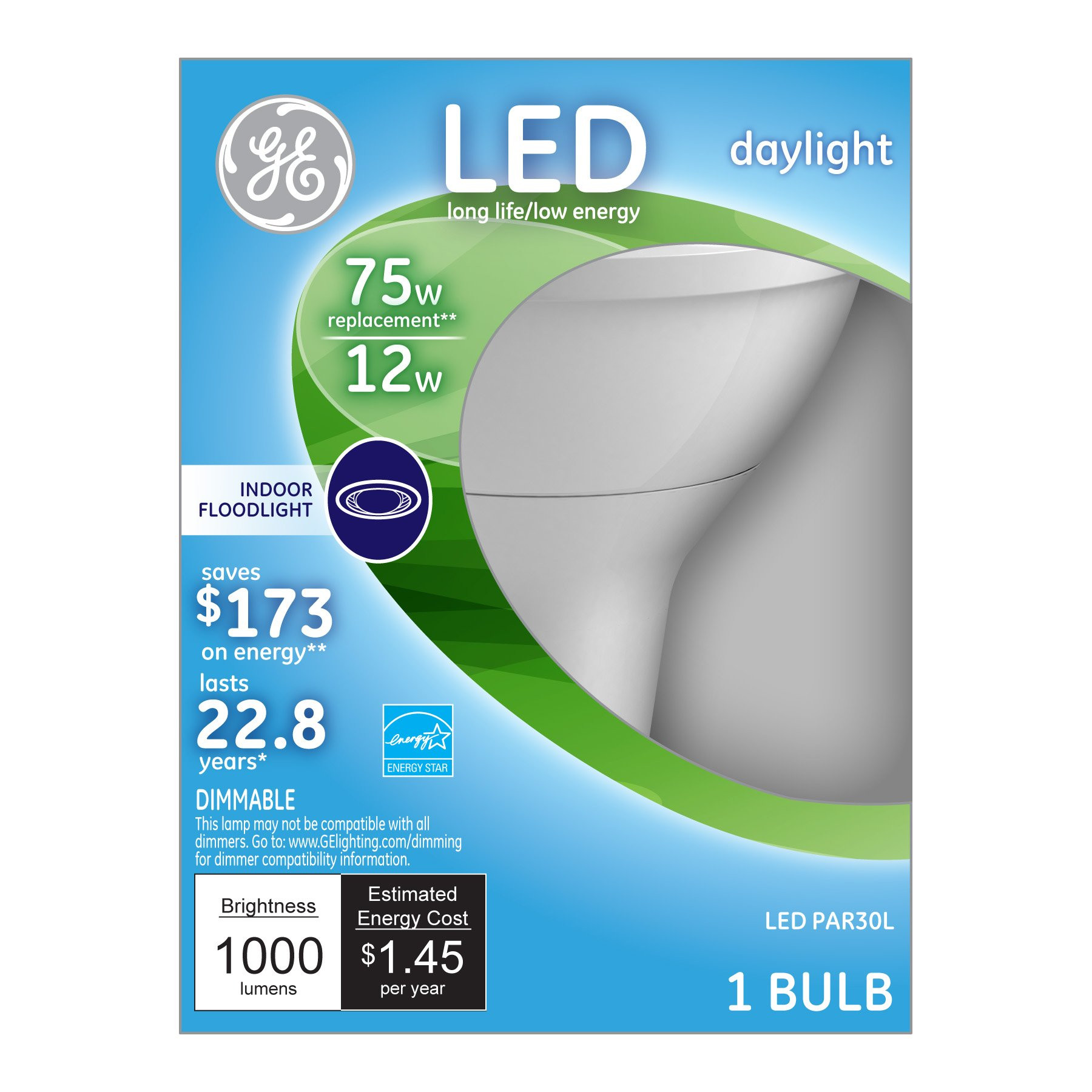 GE Lighting 96852 Dimmable LED 12-watt (75-watt Replacement), 1000-Lumen PAR30 Light Bulb with Medium Base, Daylight, 1-Pack