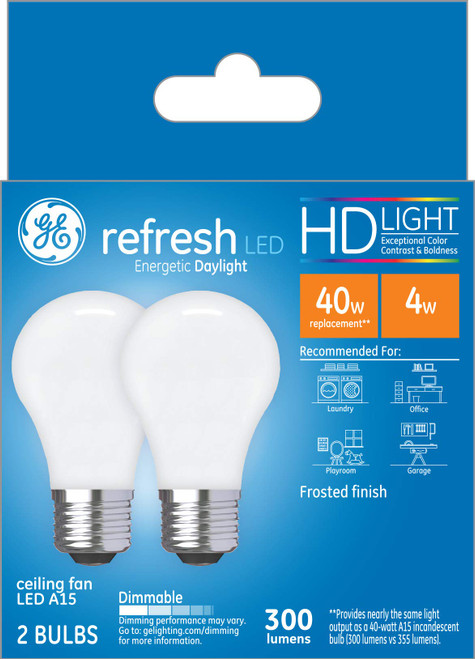 GE Lighting 31375 Finish Light Refresh HD Dimmable LED A15 Ceiling Fan Bulb 4 (40-Watt-Replacement), 300-Lumen Medium Base, 2-Pack Standard, Frosted Daylight, 2