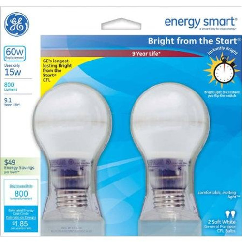 GE 60 watt equivalent Bright From the Start CFL Light Bulb 15W, A19, 2 Pack