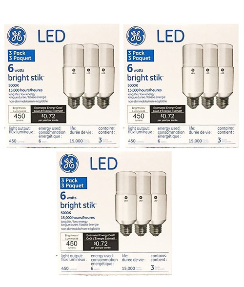 (9 bulbs) GE 35519 bright stik LED Lamp 40 watt equivalent, E26 Medium Base, 5000K Daylight 450 Lumens