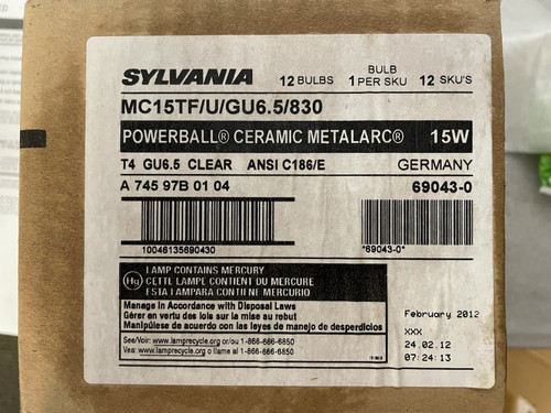 Sylvania 69043 - MC15TF/U/GU6.5/830 15 watt Metal Halide Light Bulb, 15 watts, 1200 lumens, 3000K Color Temp