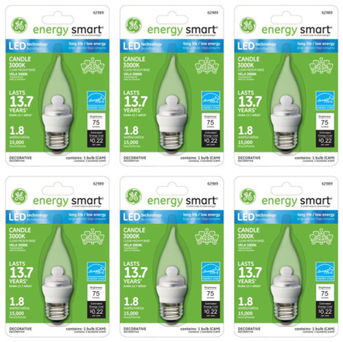 GE Lighting 62989 1.8-Watt Clear LED Candle-Shape Light Bulb, Medium Base (6 Pack)