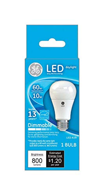 GE 67515 LED A19 60 watt equivalent Daylght Dimmable LED light bulb, uses only 10 watts, 800 lumens