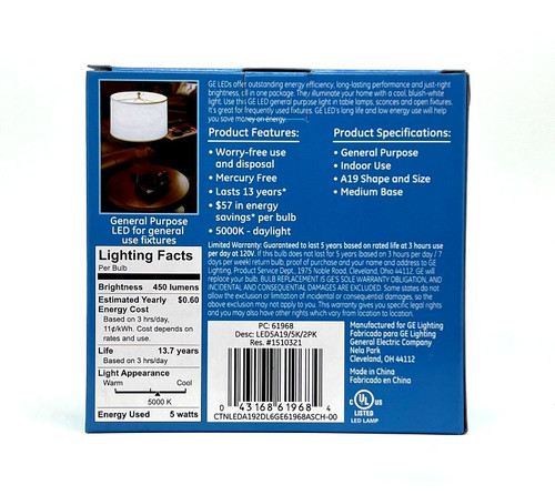 GE 61968 LED A19 40 watt equivalent Daylight LED Light Bulb (2 pack)
