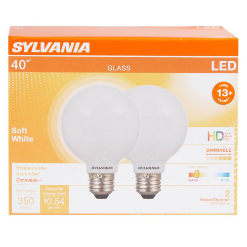 Sylvania LED G25 Glass Globe 40 watt equivalent Soft White Dimmable (2pack)