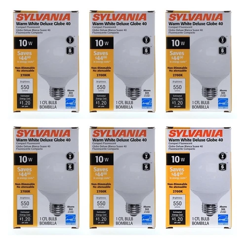(6 pack) Sylvania 10 watt CFL Large G40 Warm White Deluxe Globe 550 lumens Compact Fluorescent Light Bulb