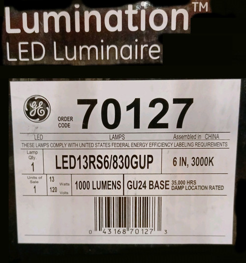 (1 lamp)  GE 70127 LED Lumination Luminaire, 13 WATT, White, Dimmable, 3000K, 1000 LUMENS, GU24  base, recessed Lighting Kit