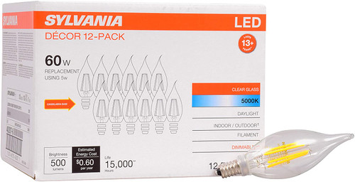 (12 bulbs) Sylvania 40207 Decorative Decor LED Candle, Bent Tip, 500 Lumen, Filament, Dimmable Daylight Indoor Outdoor 60 watt replacement Light Bulb