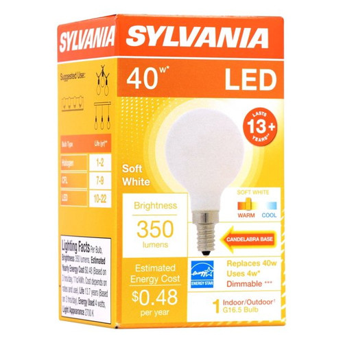 (4 bulbs) Sylvania LED Globe Light Bulb G16.5, 40 watt equivalent, Soft White, Frosted, Candelabra Base, Dimmable LED Light Bulb