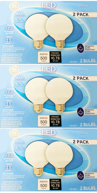 (6 bulbs) GE 37274 LED Globe, G25, 60 watt equivalent, medium base, Frosted, Dimmable, refreshing Daylight LED bulbs