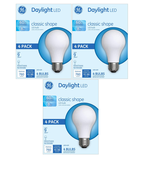 (12 bulbs) GE Lighting 99192 Daylight Classic Shape A19 LED 8 watts (60 Watt Replacement), 760-Lumen, Medium Base, Frosted Daylight, LED Light Bulb