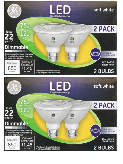 (4 bulbs) GE 96924 PAR30 short neck LED 12 Watt (75 watt equivalent) 850 Lumen, Dimmable Indoor Floodlight with Medium Base, Soft White Light Bulb (4 bulbs) GE 96924 PAR30 short neck LED 12 Watt (75 watt equivalent) 850 Lumen, Dimmable Indoor Floodlight with Medium Base, Soft White Light Bulb