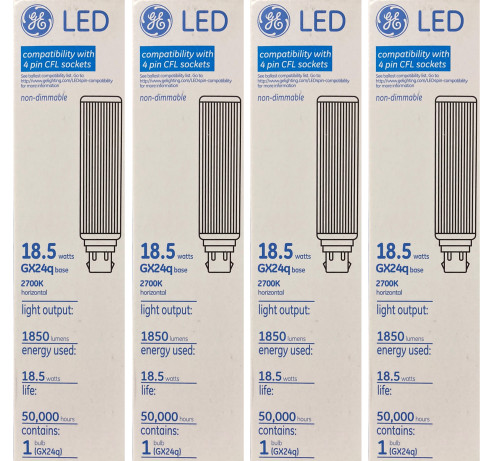 (4 bulbs) GE 39289 LED replacement for CFL, 18.5 watts, GX24q base, compatibility with 4 pin CFL sockets