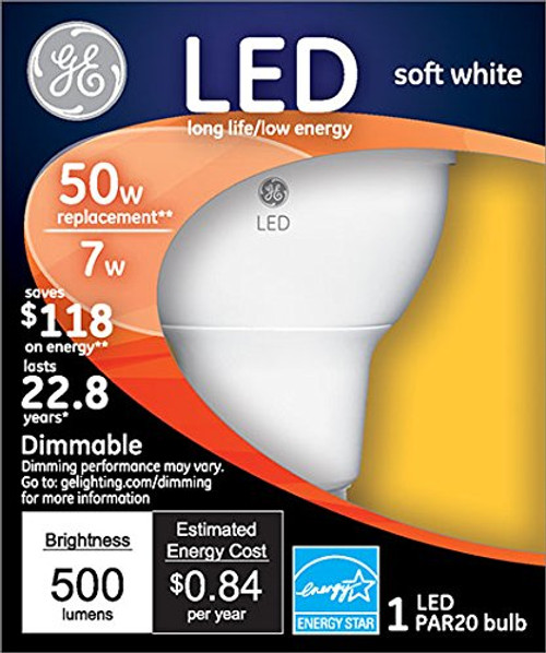 GE Lighting 89985 Energy-Smart LED, 50 watt equivalent using only 7 watts, 500-Lumen PAR20 Bulb with Medium Base, Soft White, 1-Pack