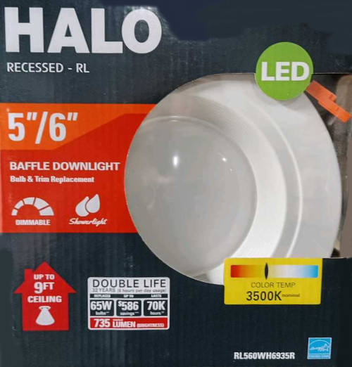 HALO Recessed RL560WH6935R 5" or 6" Integrated LED Recessed Trim, White, 735 lumens, Wet rated for shower use