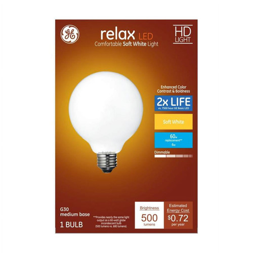 GE 41835 Relax LED G30 Vanity Globe, frosted, Soft White 2700K, 6 watt, 500 lumen, Dimmable Decorative Globe Light Bulb, 60 watt replacement