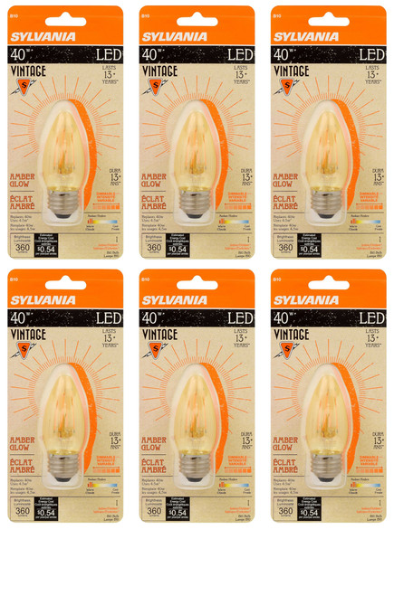 (6 bulbs) SYLVANIA 79721 Vintage LED Chandelier Light Bulb, Efficient 4 Watts, B10 Medium Base, Amber Glass Edison Style, Warm White 2175K, Dimmable