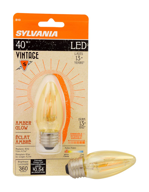 SYLVANIA 79721 Vintage LED Light Bulb, Efficient 4 Watts, B10 Medium Base, Amber Glass Edison Style, Warm White 2175K, Dimmable