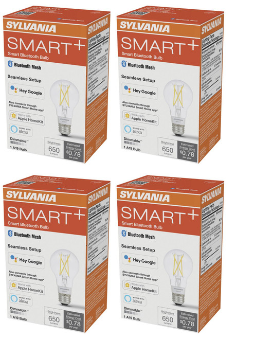 (4 bulbs) Sylvania Smart+ LED Smart Bluetooth A19 light Bulb, Seamless Setup, Works with Google, alexa, AppleHomeKit, No hub required, 2700K, LED smart bulb