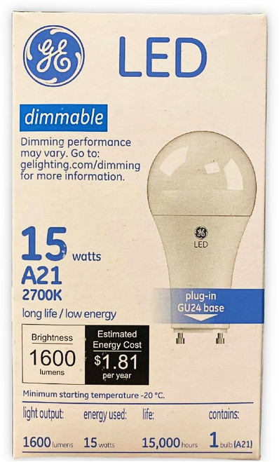 GE 46666 A21 LED Light Bulb, 15 watts, 1600 lumens, 2700K warm white, plug-in GU24 base