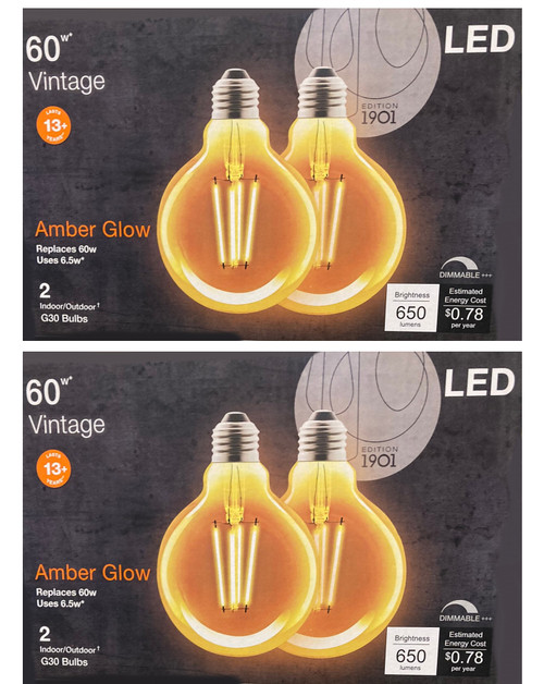 (4 bulbs) LEDVANCE Sylvania LED Vintage Filament G30 Globe Light Bulb, 60W = 6.5W, Medium Base, Dimmable, Amber Glow 