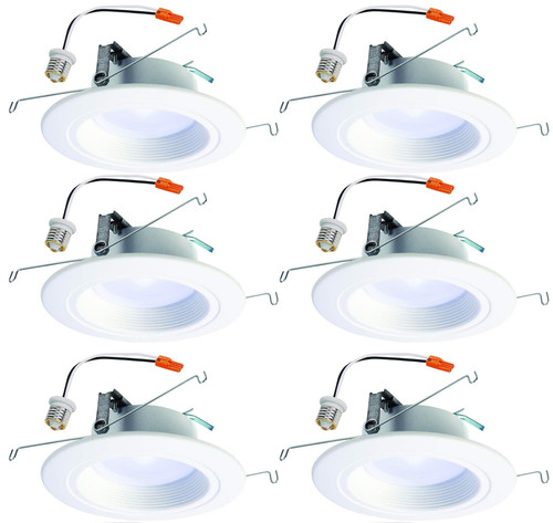 (6 pack) HALO Recessed RL560WH6935R 5" or 6" Integrated LED bulb with Recessed White Trim, 3500K Soft White, 735 Lumens, Dimmable, Very Wide Flood, Wet rated for shower use