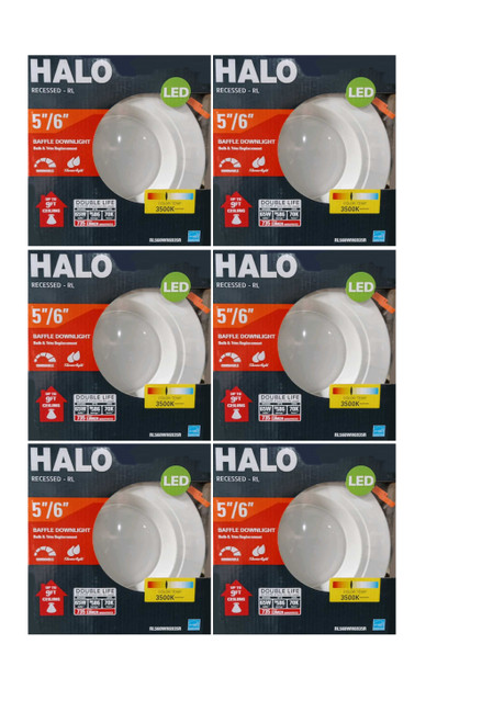 (6 pack) HALO Recessed RL560WH6935R 5" or 6" Integrated LED bulb with Recessed White Trim, 3500K Soft White, 735 Lumens, Dimmable, Very Wide Flood, Wet rated for shower use