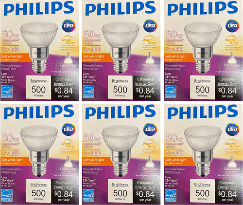(6 lamps) Philips LED 471136 Classic Glass Dimmable PAR20 40-Degree Flood Light Bulb with Warm Glow Effect , 500 Lumen, 2200-2700 Kelvin, 7 watt (50-Watt Equivalent), E26 Base, Soft White 