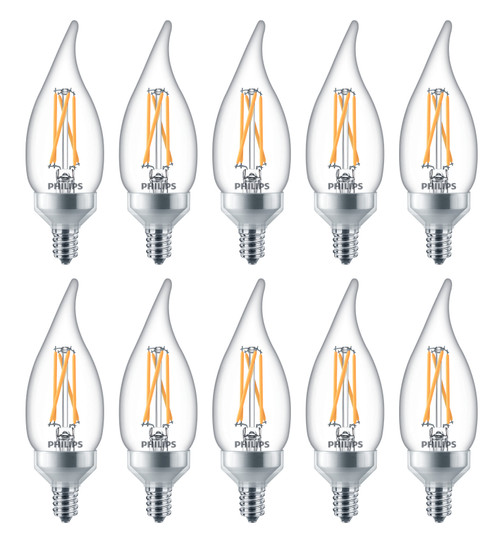 (10 bulbs) Philips LED BA11 Decorative Candle bulb, 25 watt equivalent using only 2 watts, 180 lumens, Dimmable, soft white, candelabra screw base, warm glow affect (color temp adjusts with dimming)
