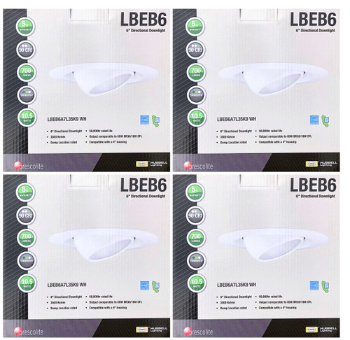 (case of 4) Hubbell LBEB6A7L35K9 WH PRESCOLITE LED Recessed Can Retrofit Kit with 5 6 Inch Recessed Housing, 3500K, Directional LED Downlight