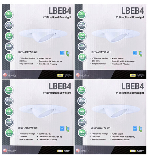 (pack of 4) Hubbell LiteBox LBEB4A6L27K9 WH LED Downlight Retrofit Kit, Adjustable Eyeball, 4 inch round, 2700K, 630 lumens, 9.5 watt, Dimmable Directional Downlight